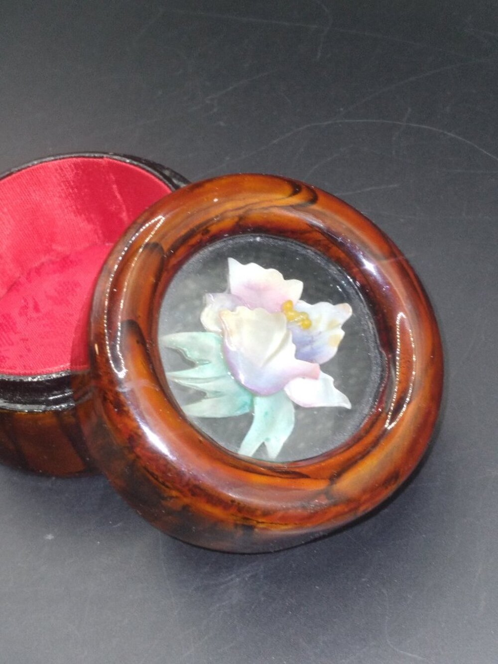 Vintage Lacquered Burl wood Trinket box Top Glass with Dyed Mother of Pearl